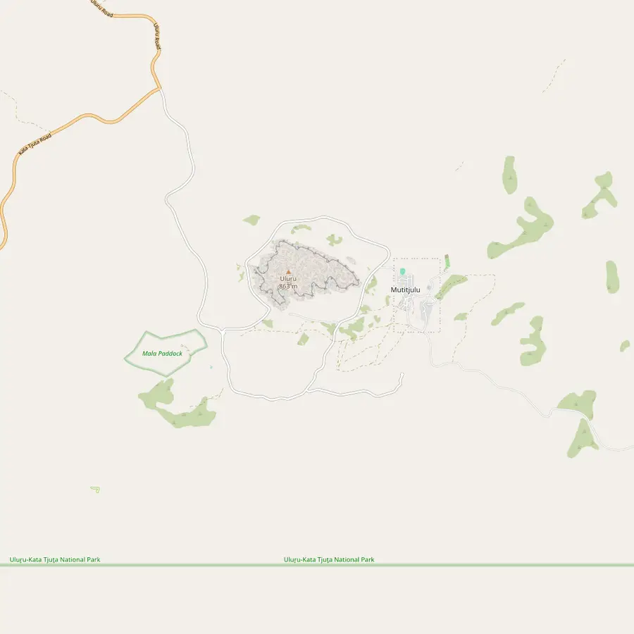 Map of Uluru with the Mala carpark, the Liru, Lungkata and Kuniya walks, Mutitjulu Waterhole, the Cultural Centre and Talinguru Nyakunytjaku to the south-east